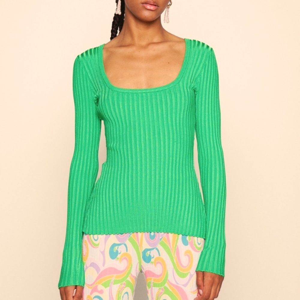 Good American Scoop Neck Long Sleeve Green Ribbed Top Back Slit Size L-XL